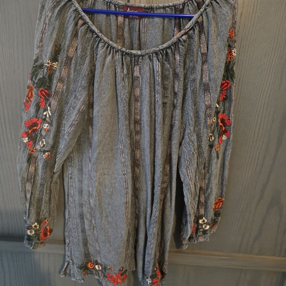 Avanti Gray Blouse with Red and Green Embroidery